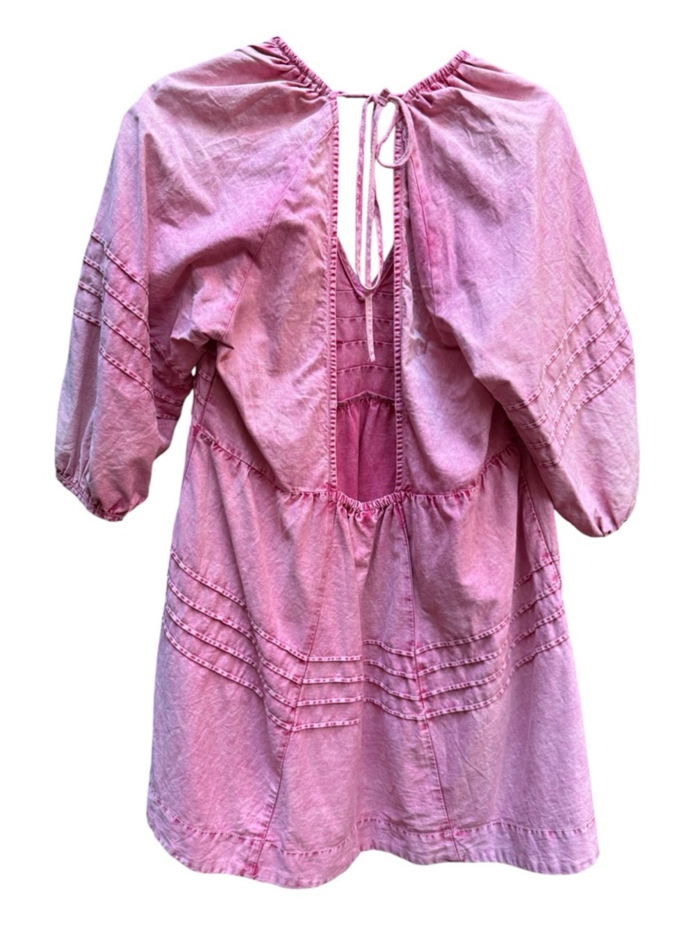 Free People Pink Babydoll Mini Dress Puff Sleeve Boho Acid Wash Size Large - Picture 3 of 11